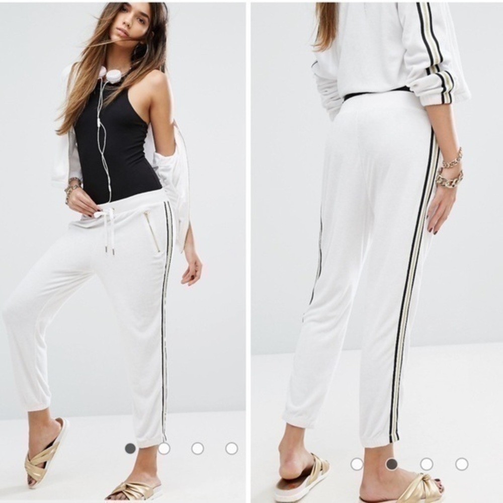 Juicy Couture Track Microterry Pants Racer Stripes White Joggers NWT